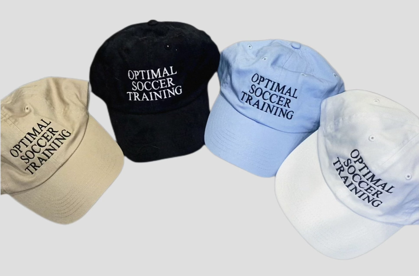An array of Optimal Soccer Training caps in various colors, each featuring the brand name embroidered on the front, perfect for stylish and functional wear during training sessions.