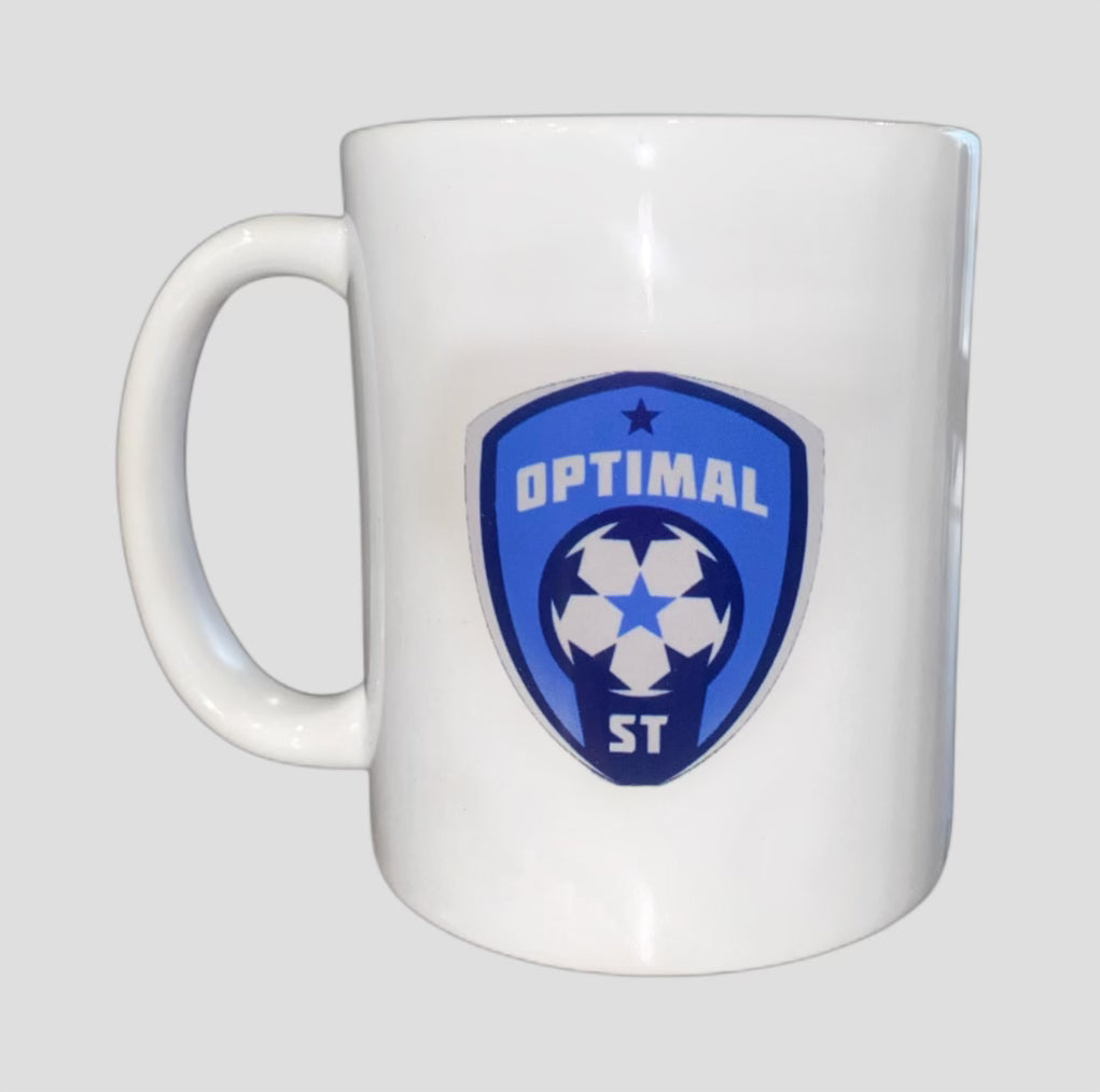 A white Optimal Soccer Training mug showcasing the brand logo, ideal for enjoying hot beverages while embracing the soccer spirit.