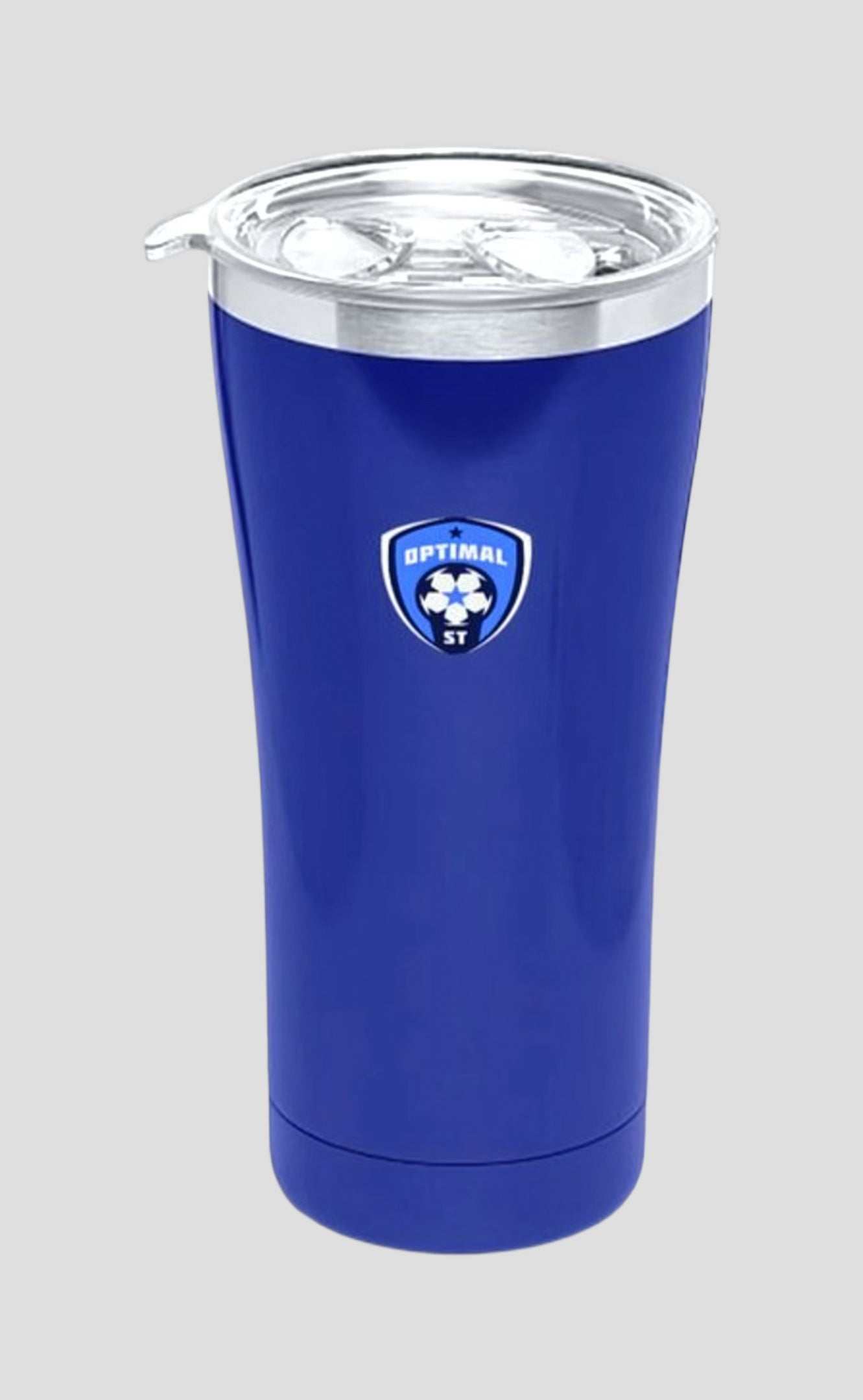 An Optimal Soccer Training travel mug, designed in blue with the brand logo, ideal for on-the-go hydration while representing your passion for soccer.