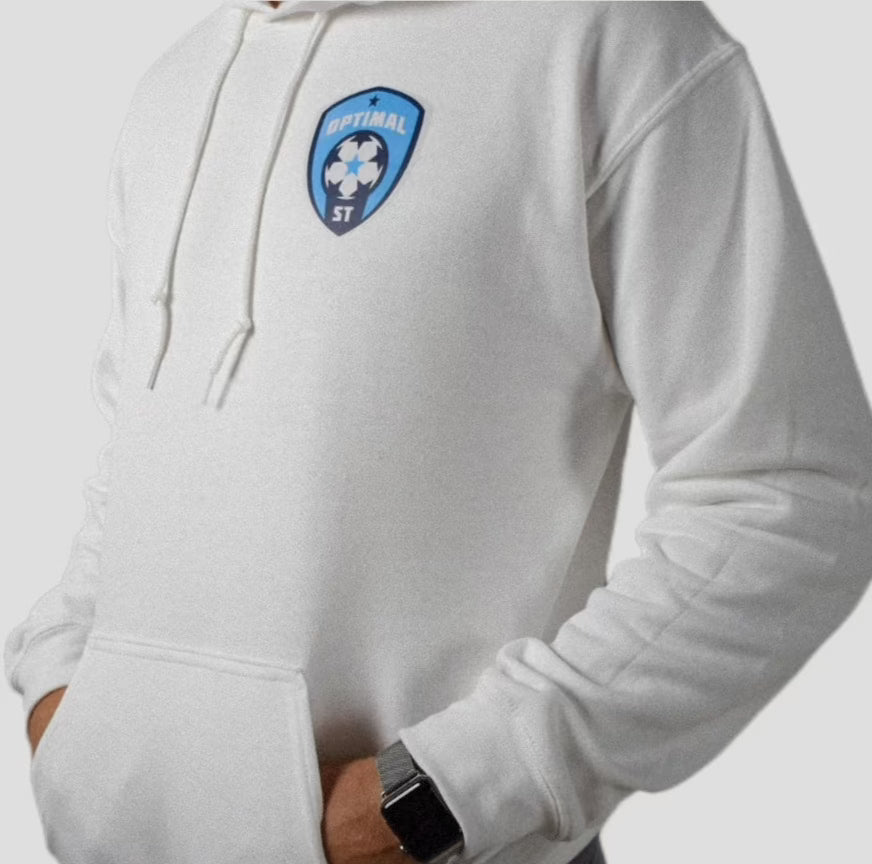 A white Optimal Soccer Training hoodie featuring the brand logo on the chest, designed for comfort and style during soccer training sessions.