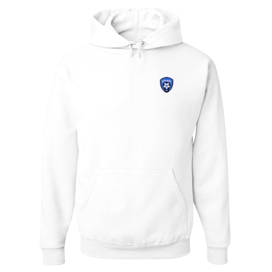 A sleek Optimal Soccer Training hoodie in white, adorned with the brand logo on the chest, crafted to ensure comfort and style throughout soccer training sessions.